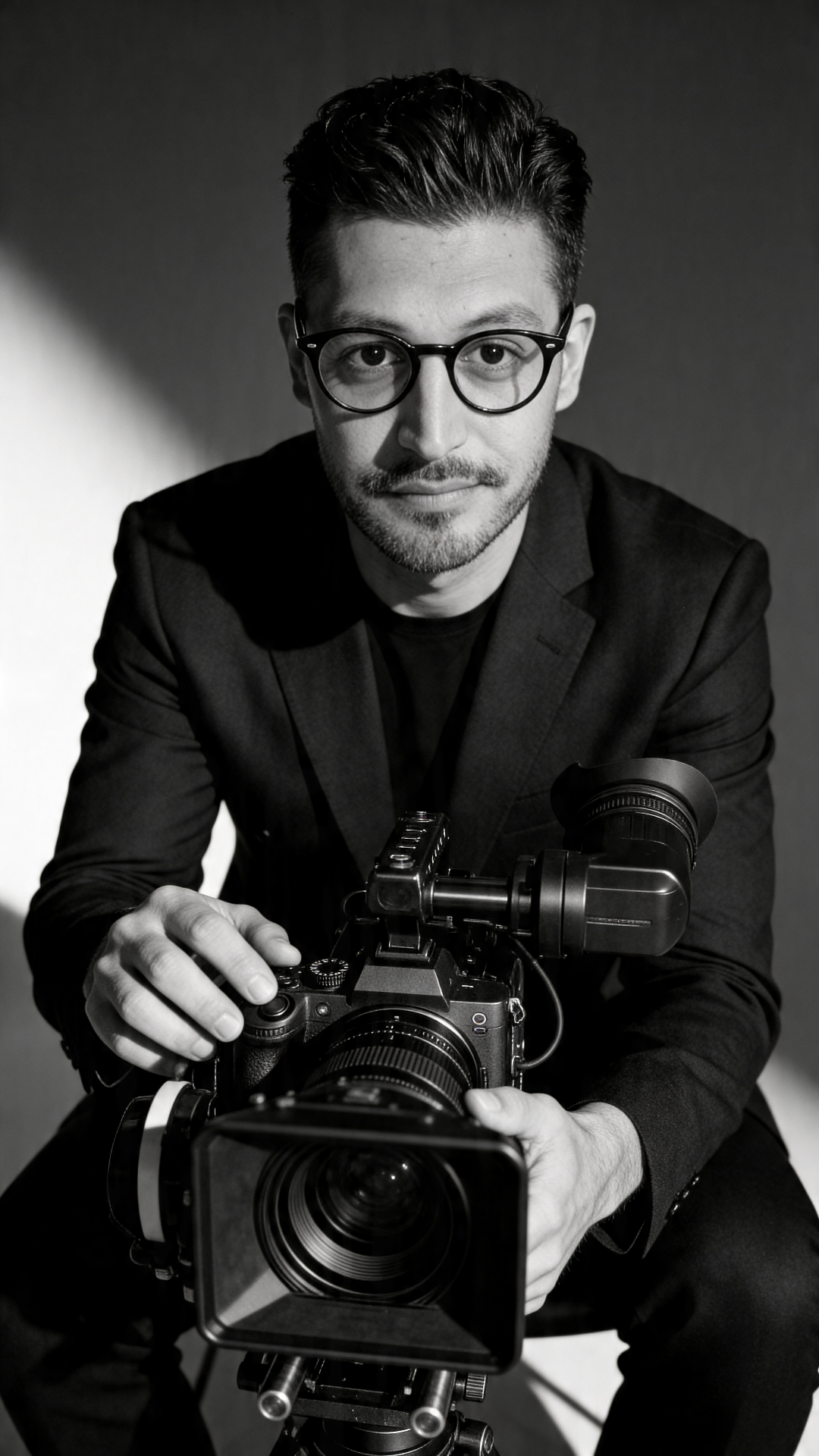 Retrato cinematográfico en blanco y negro de Nacho Azcona, director y cineasta de 787 Media